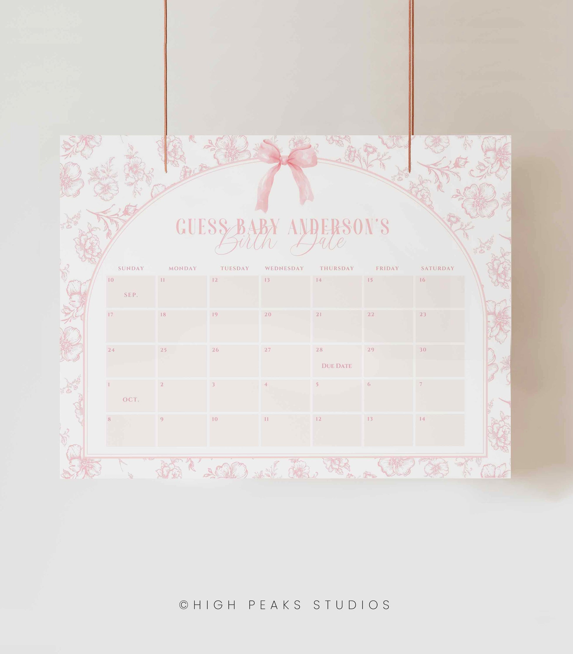 Guess Baby's Birth Date Pink Bow Sign by High Peaks Studios