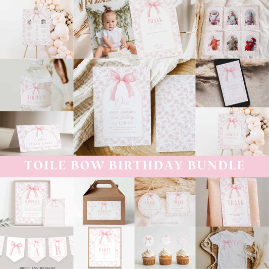 Floral Toile and Pink Bow First Birthday Bundle by High Peaks Studios