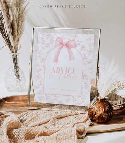 Pink Bow Advice and Wishes Sign And Note Card by High Peaks Studios