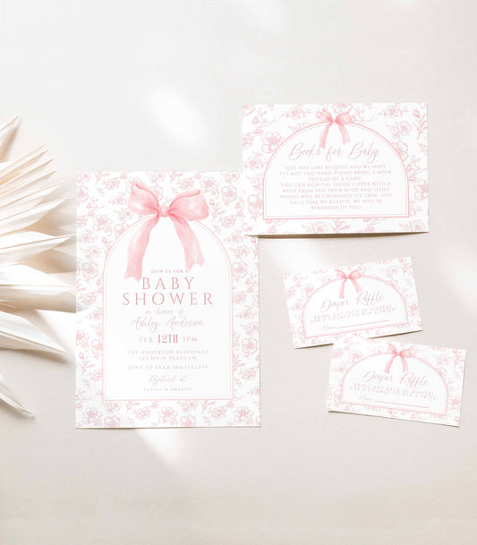 Vintage Dusty Pink Bow Floral Toile Baby Shower Invitation 3 Card Set by High Peaks Studios