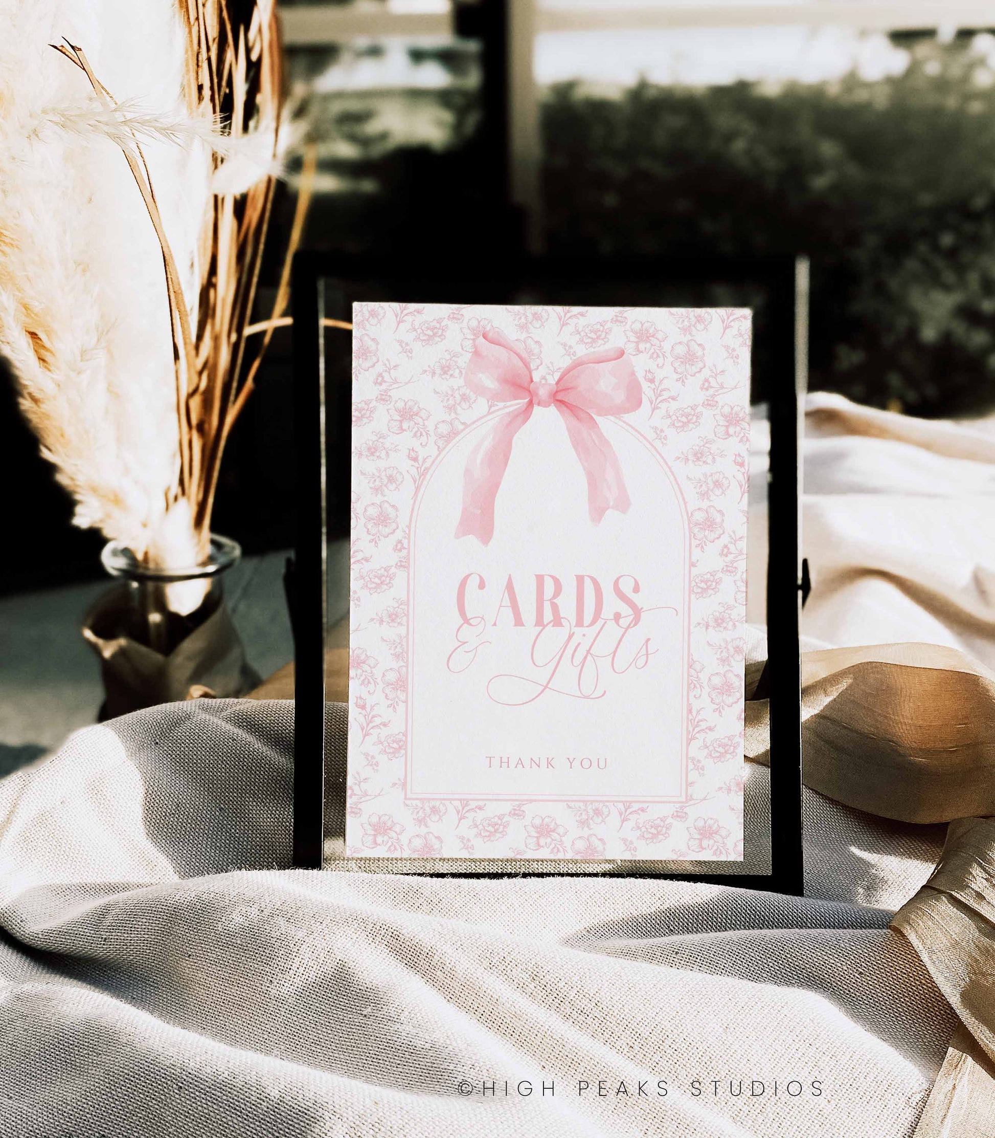 Cards and Gifts Sign Pink Bow Floral Toile Printable by High Peaks Studios