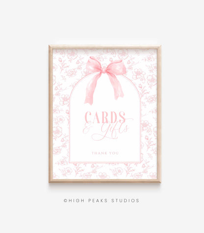 Cards and Gifts Sign Pink Bow Floral Toile Printable by High Peaks Studios