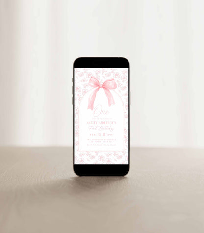 Vintage Dusty Pink Bow Floral Toile Digital Birthday Invitation by High Peaks Studios