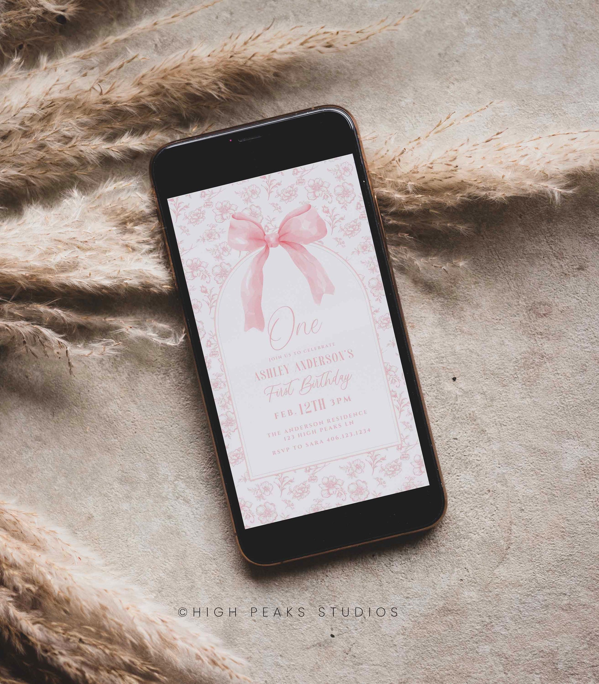 Vintage Dusty Pink Bow Floral Toile Digital Birthday Invitation by High Peaks Studios