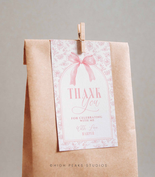 Pink Bow Floral Toile Favor Gift Tag by High Peaks Studios