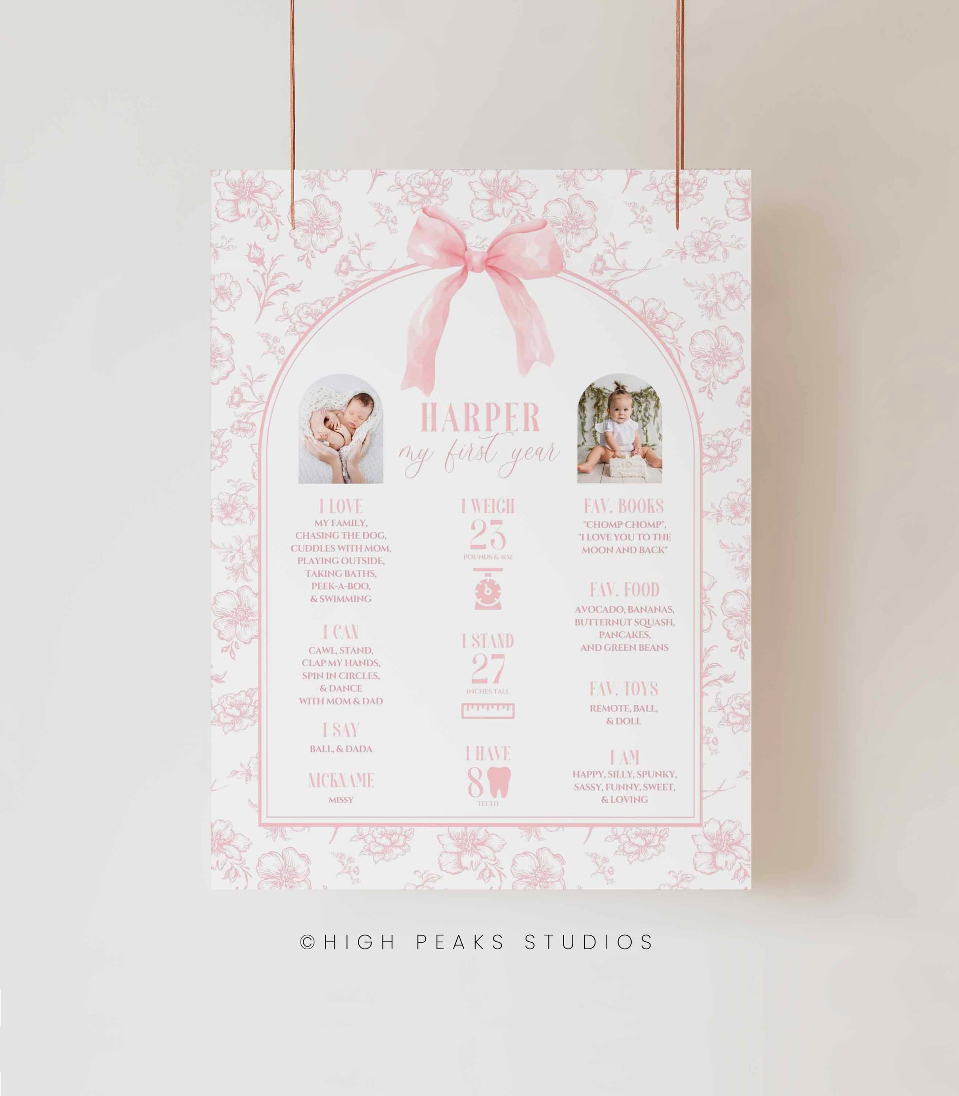 Pink Bow Floral Toile Milestone Poster by High Peaks Studios