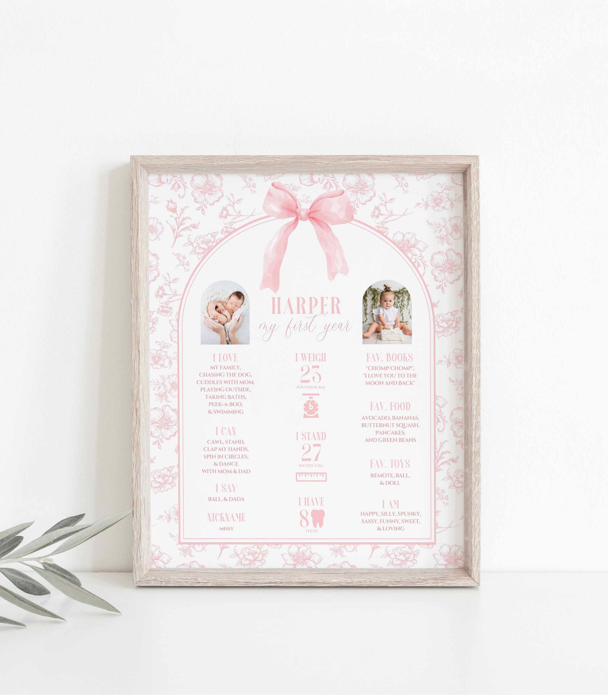 Pink Bow Floral Toile Milestone Poster by High Peaks Studios