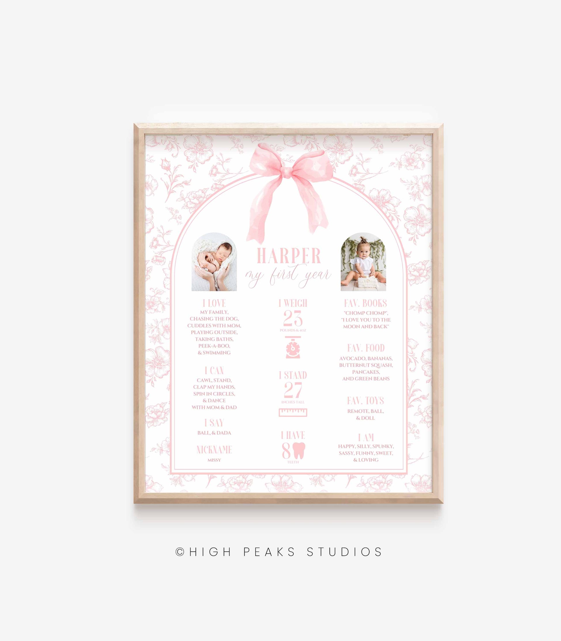 Pink Bow Floral Toile Milestone Poster by High Peaks Studios