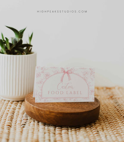 Pink Bow Floral Toile Food Label Cards by High Peaks Studios