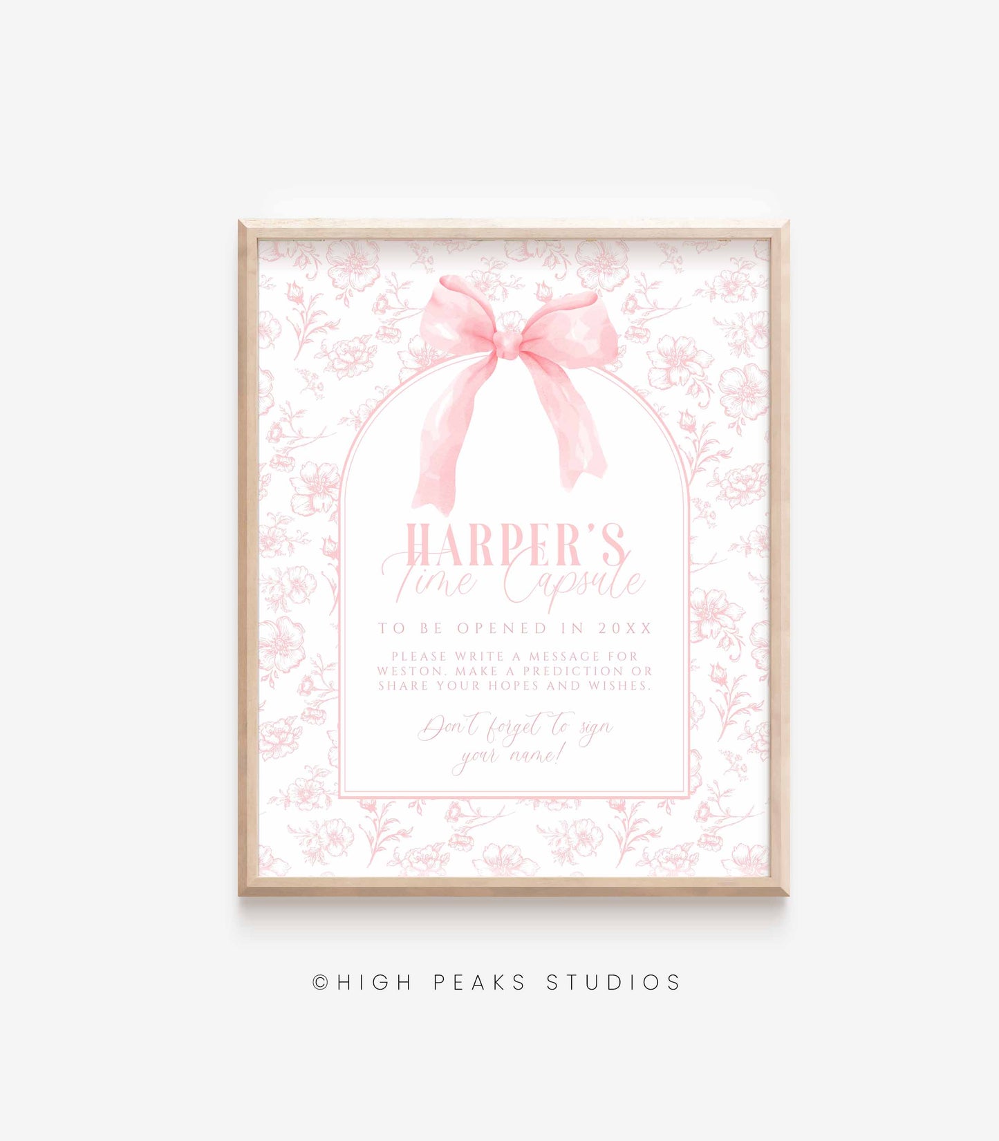 Pink Bow Floral Toile Time Capsule Sign and Note Card Kit by High Peaks Studios