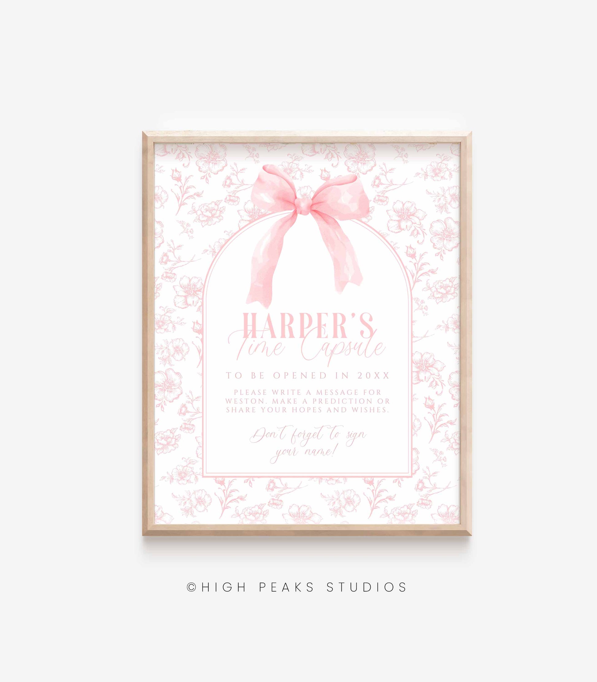 Pink Bow Floral Toile Time Capsule Sign and Note Card Kit by High Peaks Studios