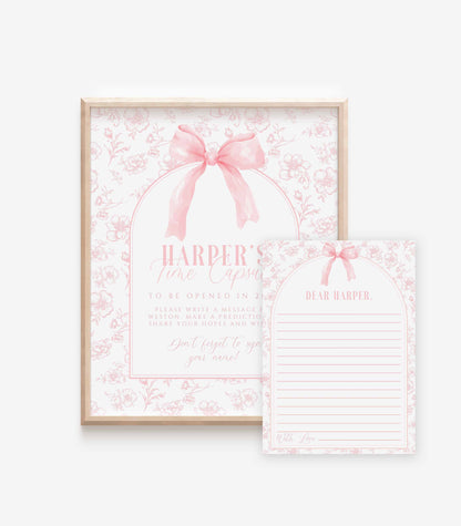 Pink Bow Floral Toile Time Capsule Sign and Note Card Kit by High Peaks Studios