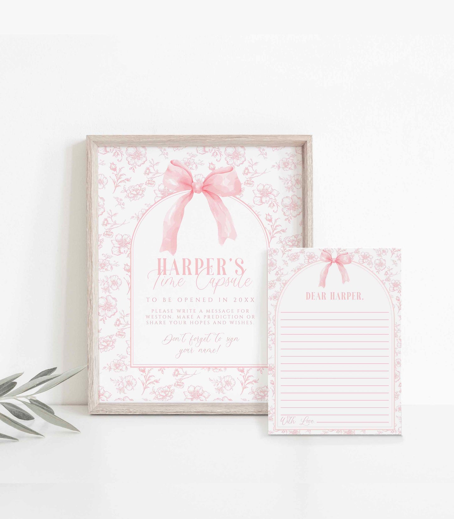 Pink Bow Floral Toile Time Capsule Sign and Note Card Kit by High Peaks Studios