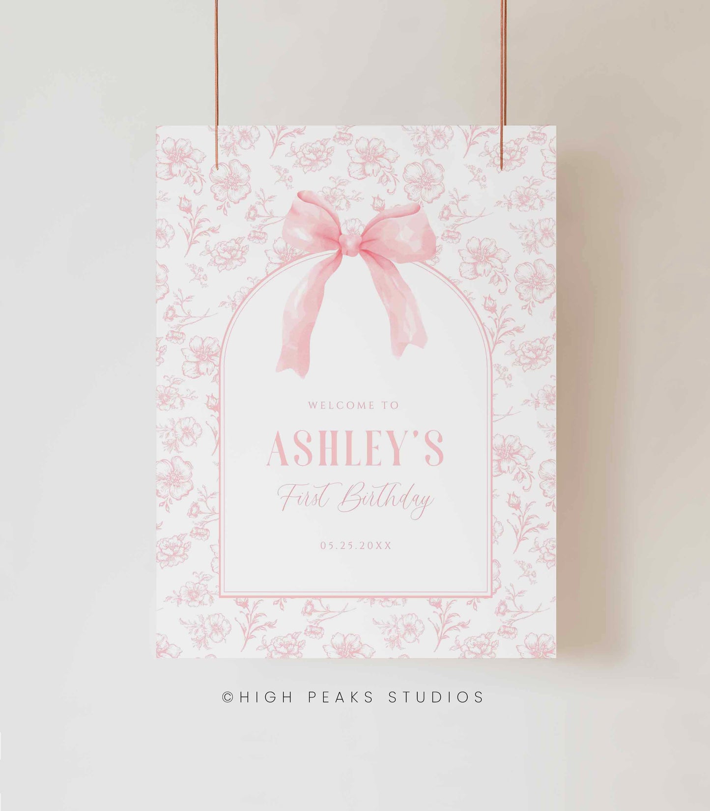 Pink Bow Floral Toile Birthday Welcome Sign by High Peaks Studios