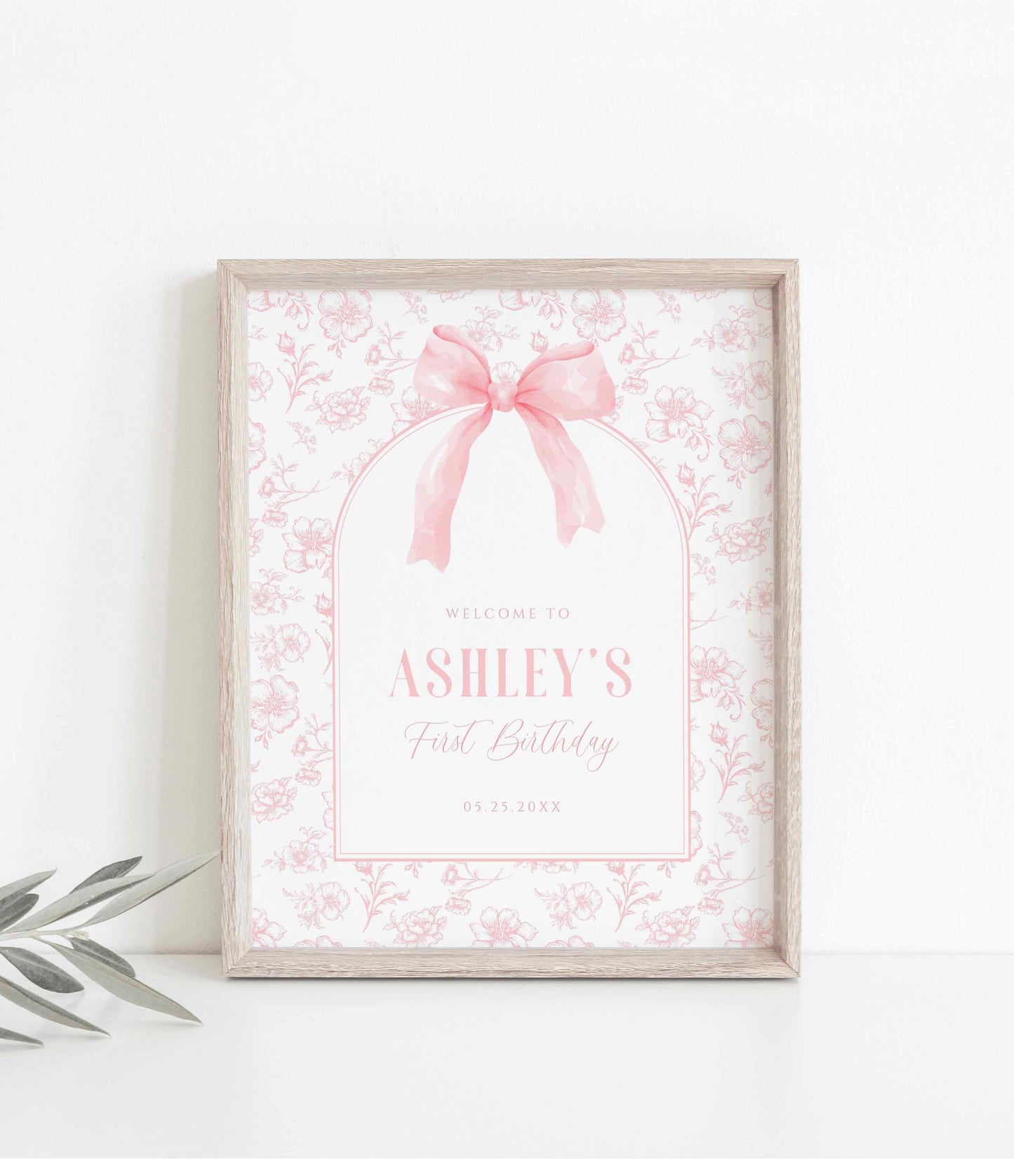 Pink Bow Floral Toile Birthday Welcome Sign by High Peaks Studios