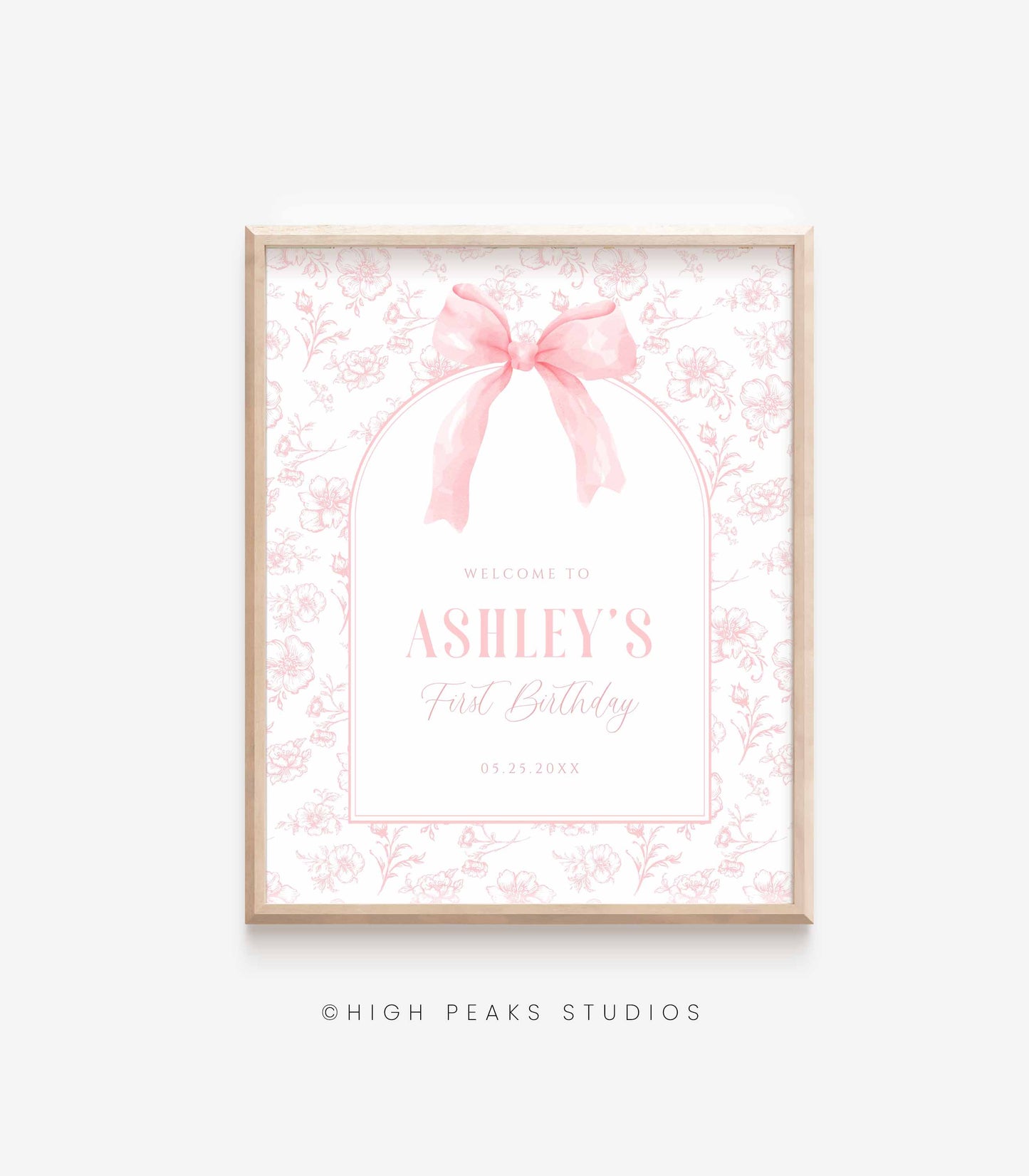 Pink Bow Floral Toile Birthday Welcome Sign by High Peaks Studios