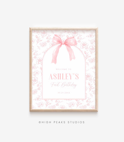 Pink Bow Floral Toile Birthday Welcome Sign by High Peaks Studios