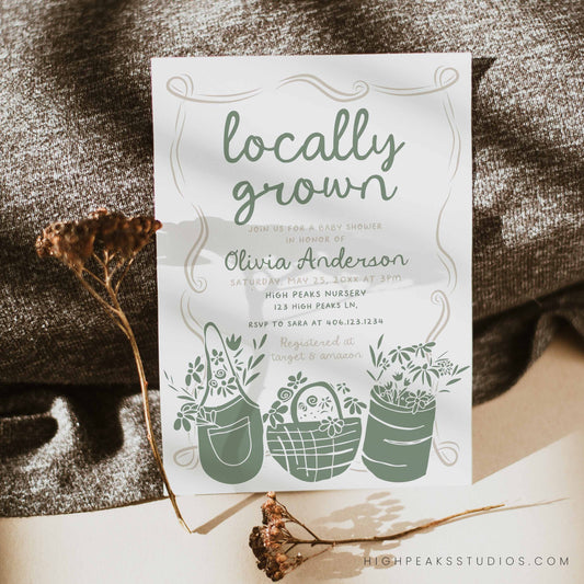 Locally Grown Baby Shower Invitation Template designed by High Peaks Studios