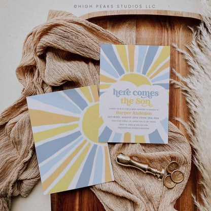 Sonshine Baby Shower Invitation 3 Card Set Baby Blue and Yellow