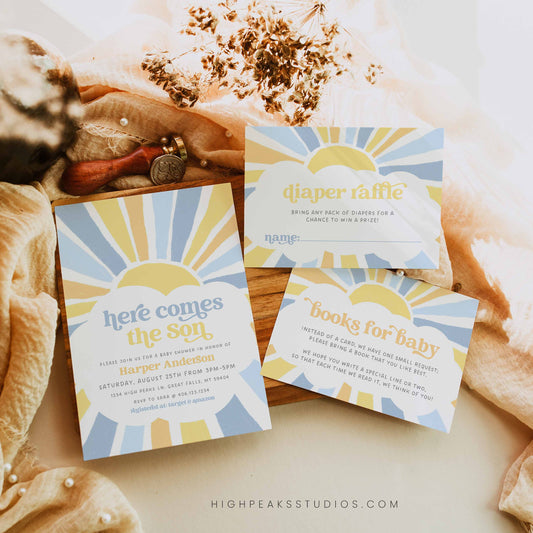 Sonshine Baby Shower Invitation 3 Card Set Baby Blue and Yellow