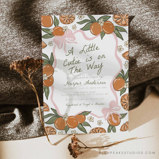 A little Cutie Baby Shower Invitation Template - Pink Bow by High Peaks Studios