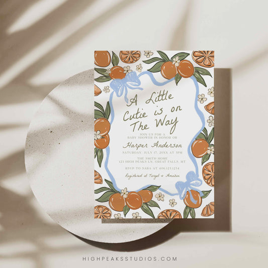 A little Cutie Baby Shower Invitation Template - Blue Bow by High Peaks Studios