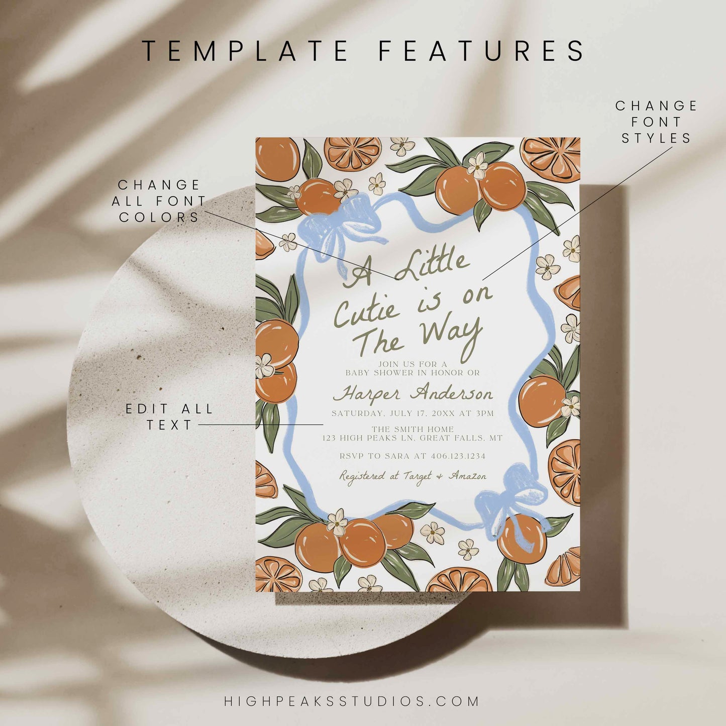 A little Cutie Baby Shower Invitation Template - Blue Bow by High Peaks Studios