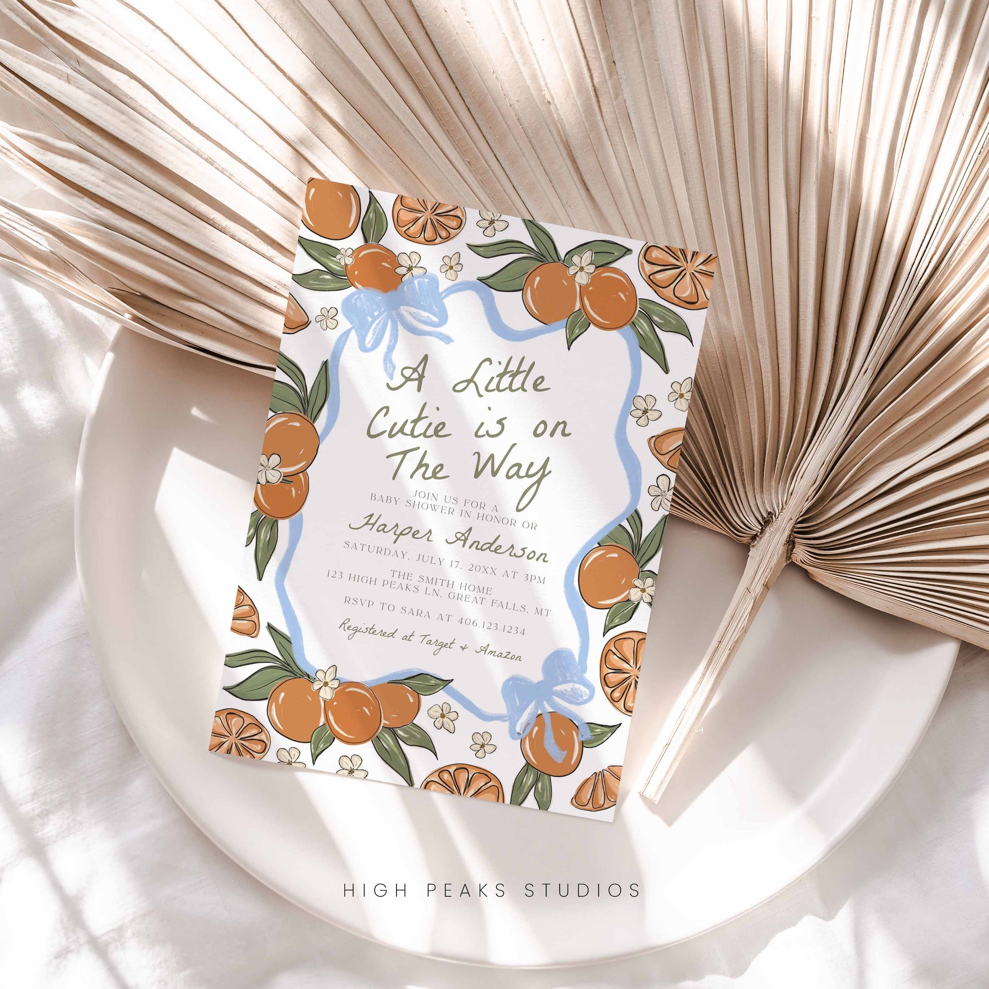 A little Cutie Baby Shower Invitation Template - Blue Bow by High Peaks Studios
