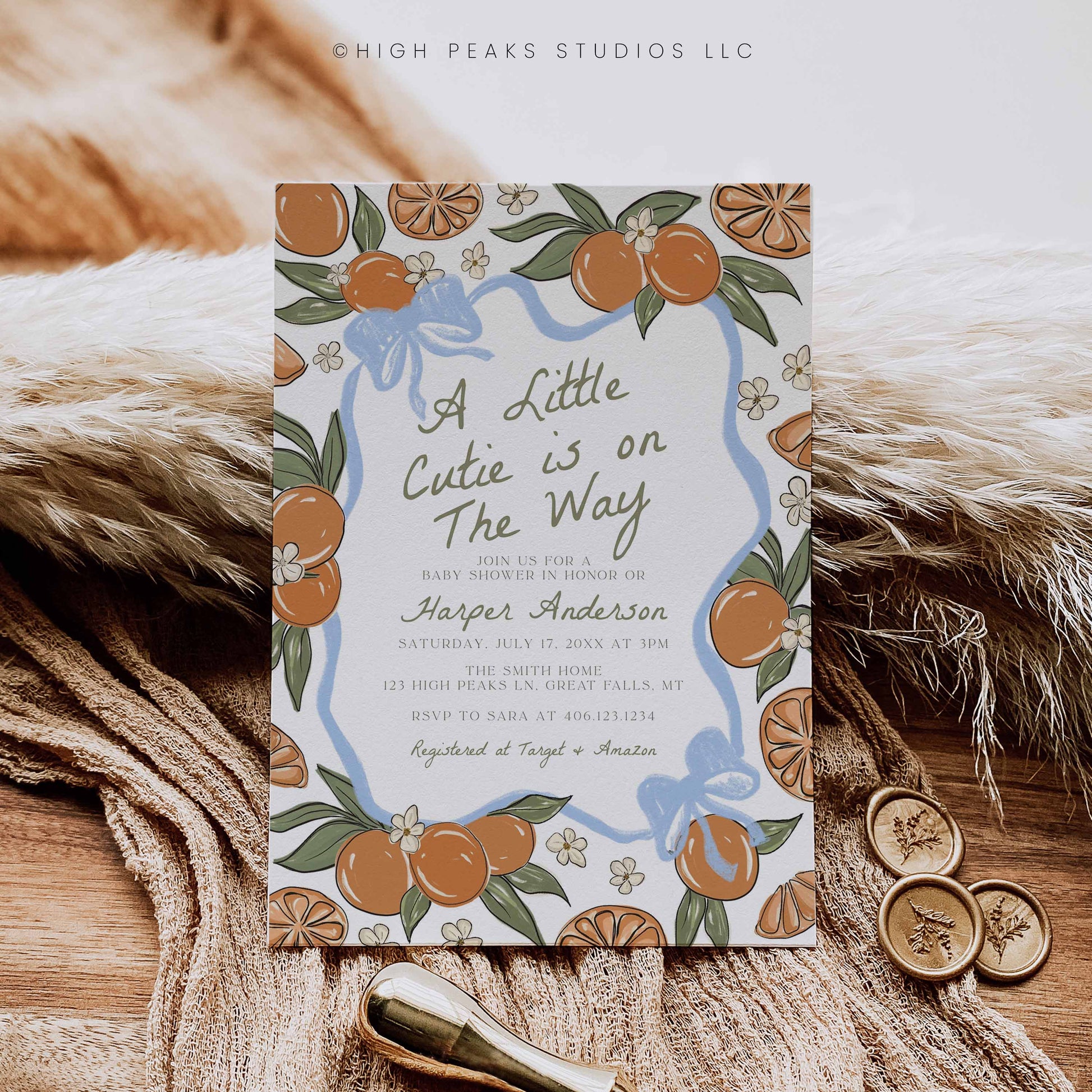 A little Cutie Baby Shower Invitation Template - Blue Bow by High Peaks Studios