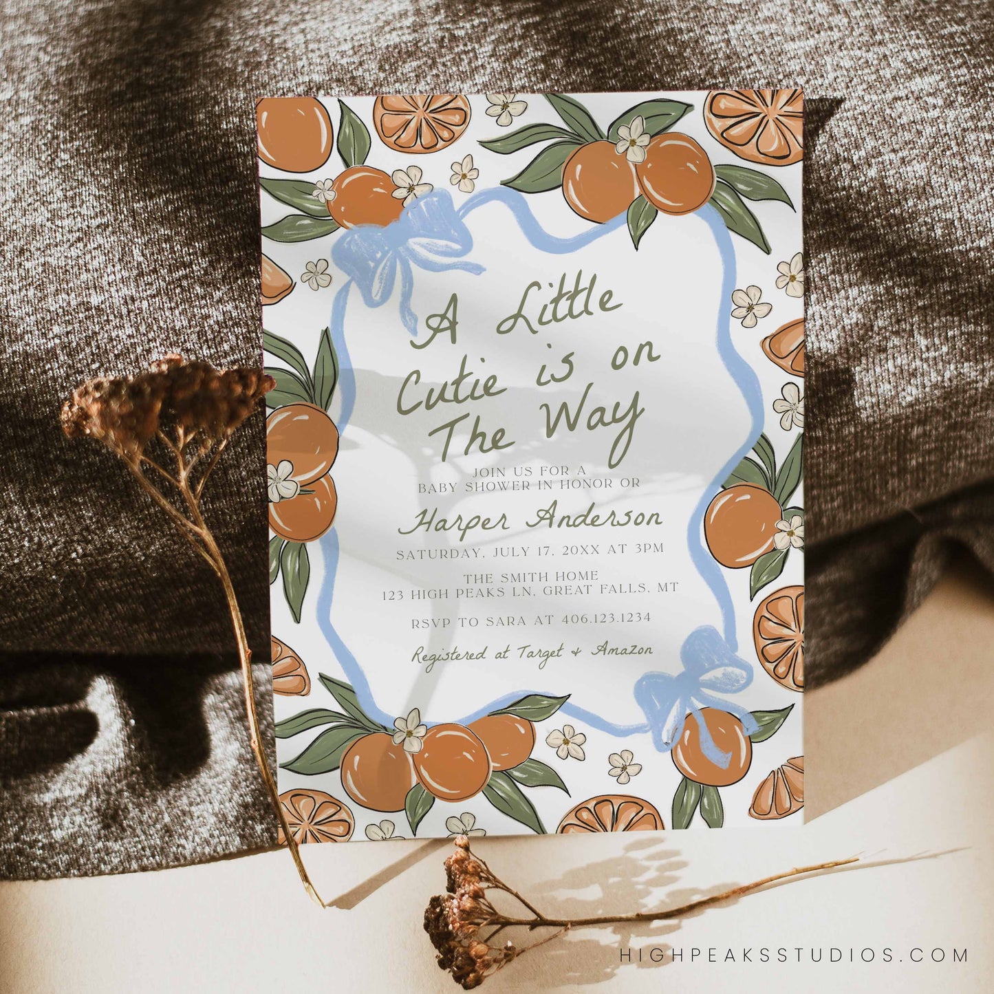 A little Cutie Baby Shower Invitation Template - Blue Bow by High Peaks Studios