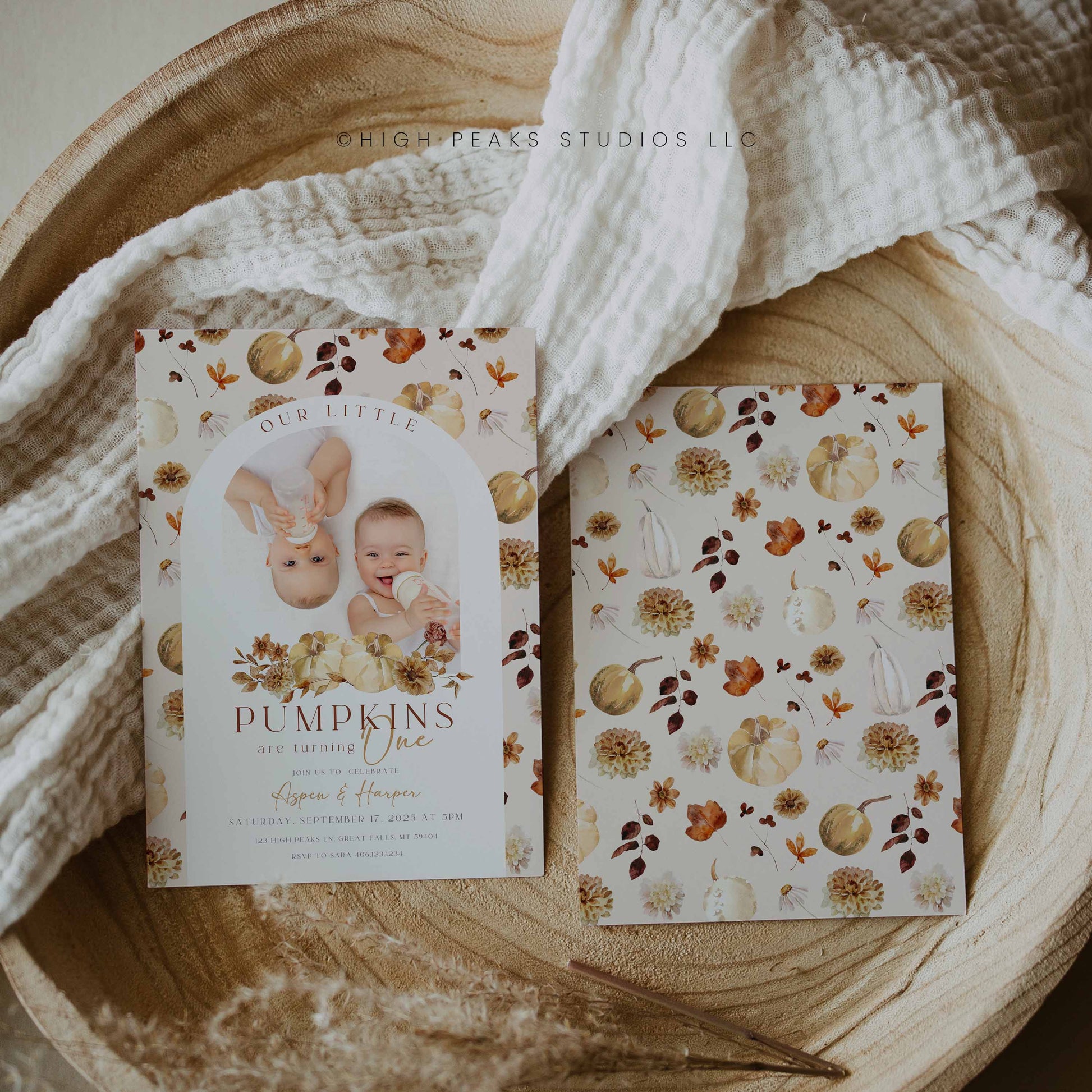 Editable Our Little Pumpkins Twin Birthday Invitation Photo By High Peaks Studios On a wooden backdrop