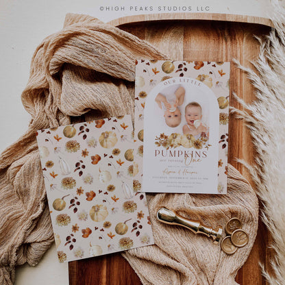 Editable Our Little Pumpkins Twin Birthday Invitation Photo By High Peaks Studios on a wooden surface with cozy textures.