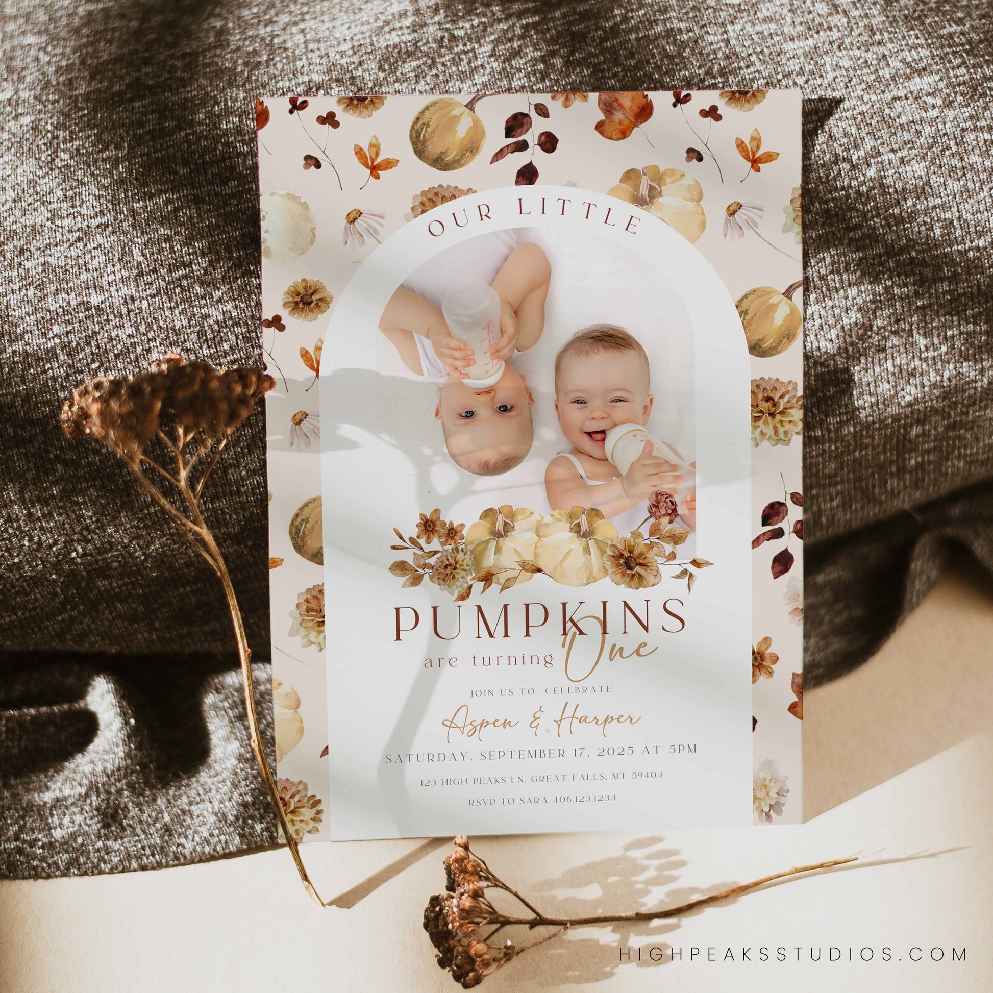 Editable Our Little Pumpkins Twin Birthday Invitation Photo By High Peaks Studios
