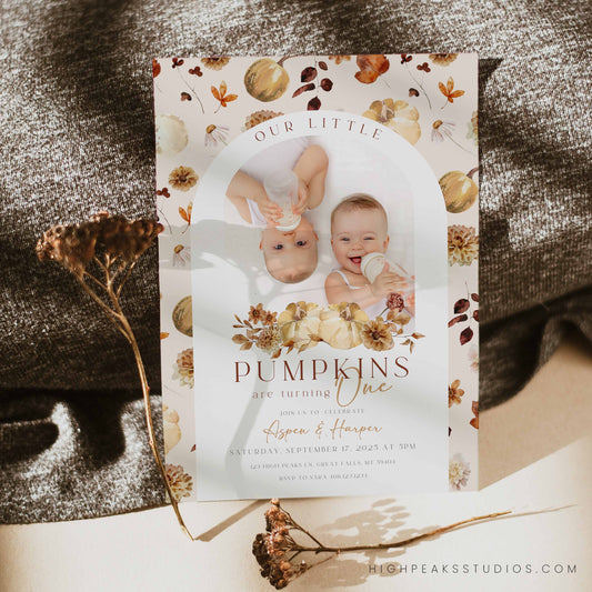 Editable Our Little Pumpkins Twin Birthday Invitation Photo By High Peaks Studios