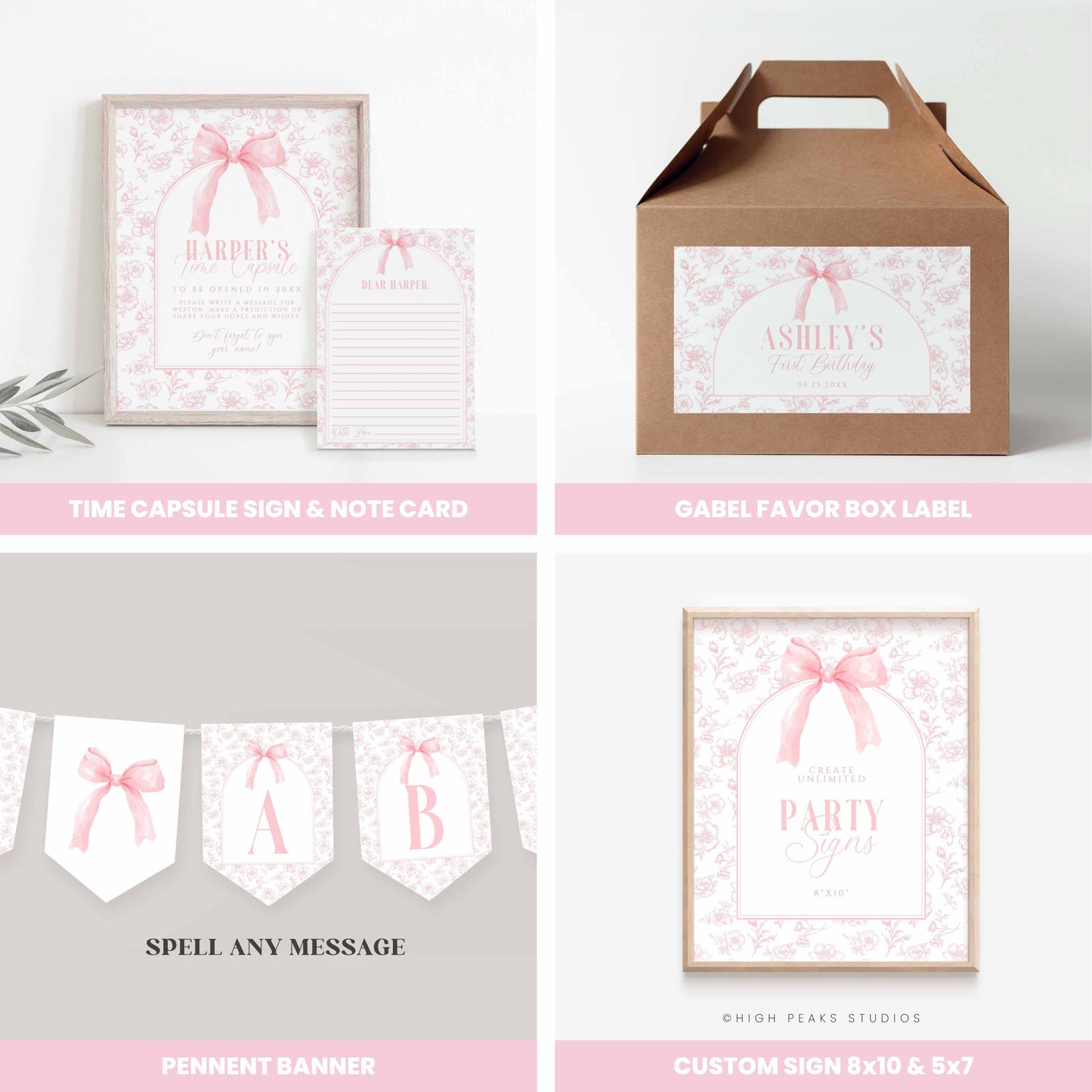 Floral Toile and Pink Bow First Birthday Bundle by High Peaks Studios
