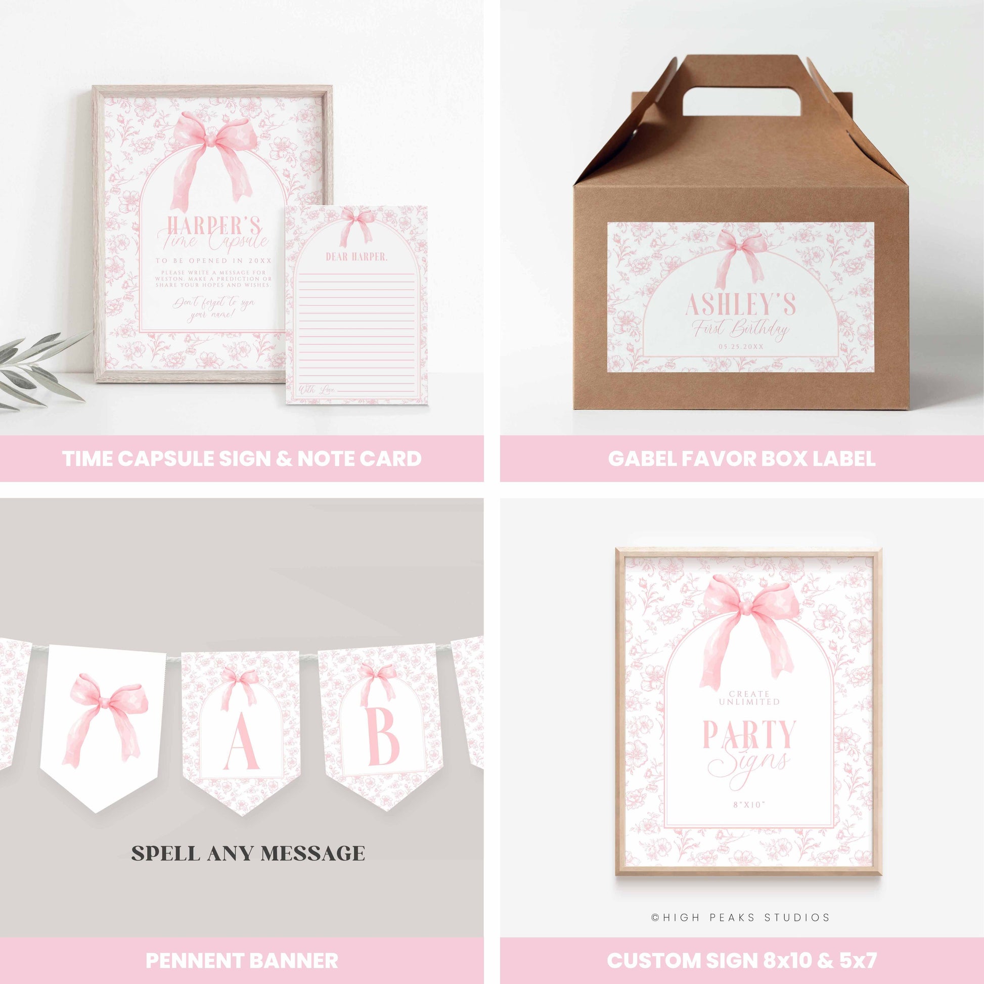 Floral Toile and Pink Bow First Birthday Bundle by High Peaks Studios