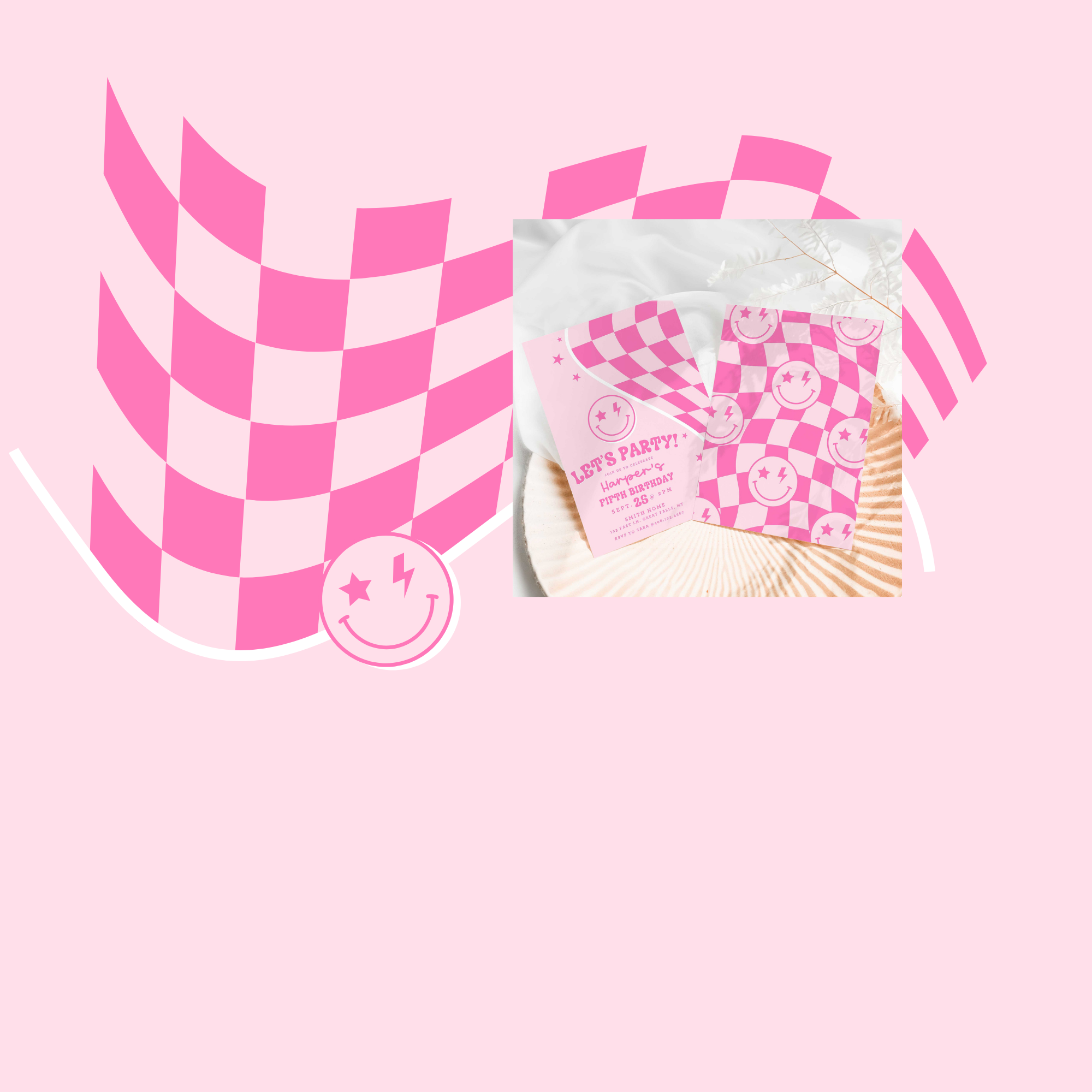 Preppy Retro Pink Smiley Printable birthday decorations by High Peaks Studios