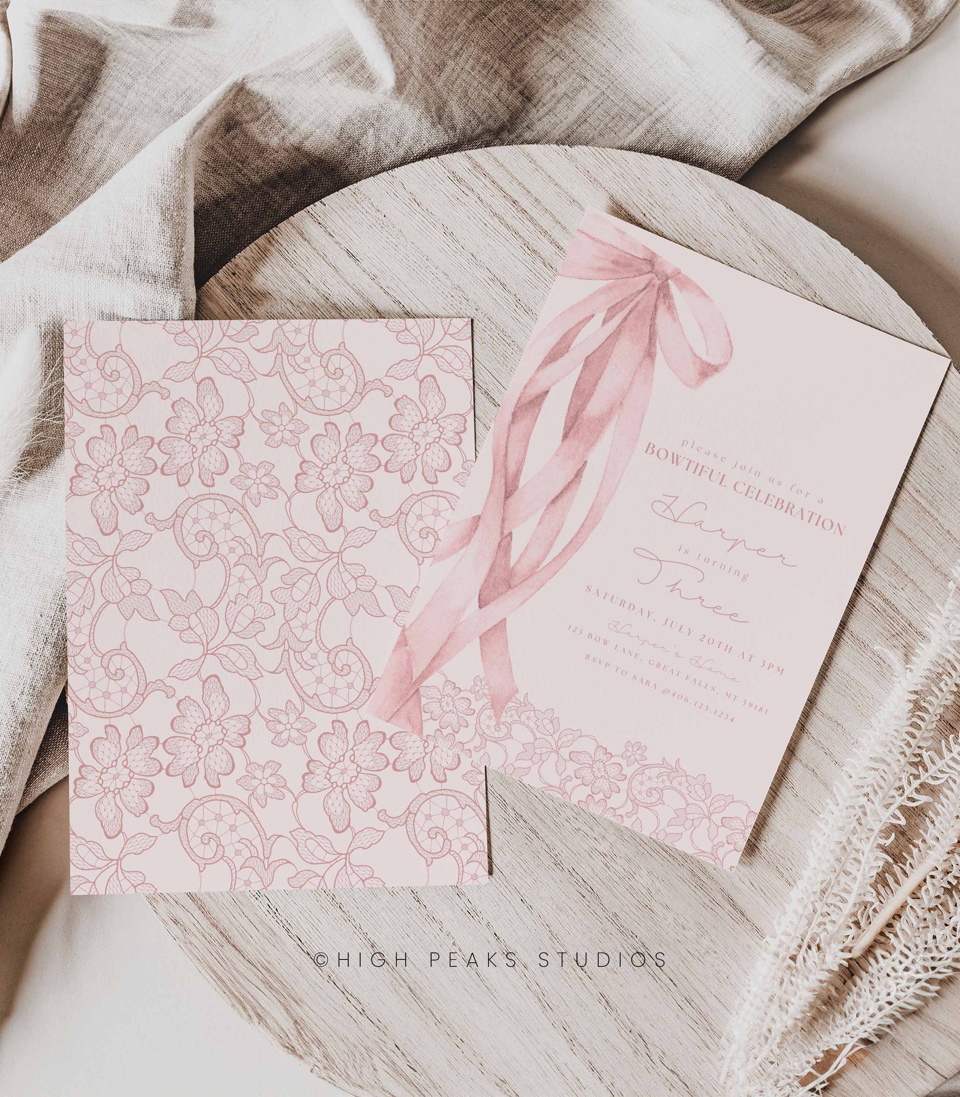 Pink Bow Birthday Invitation Template - High Peaks Studios