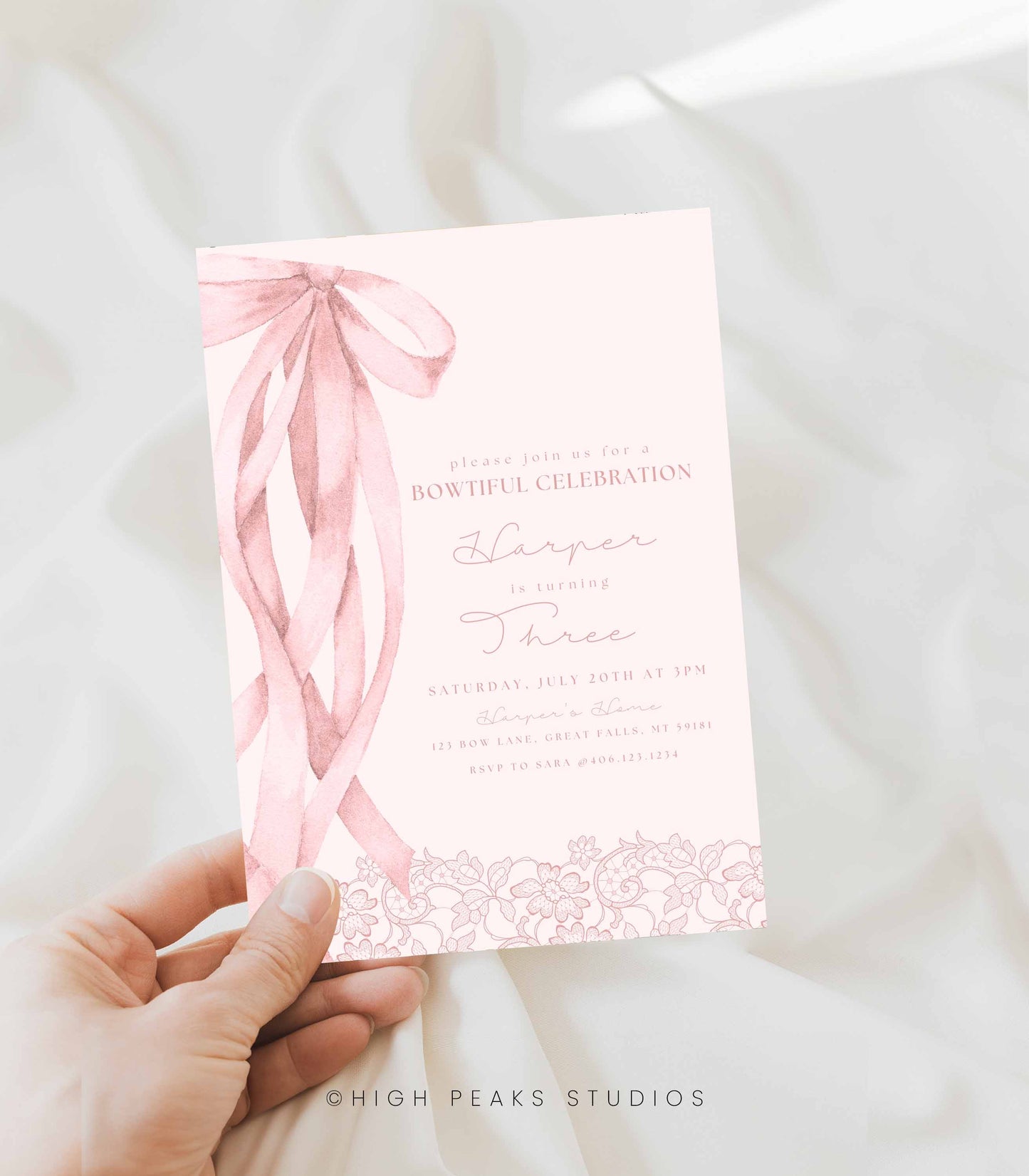 Pink Bow Birthday Invitation Template - High Peaks Studios