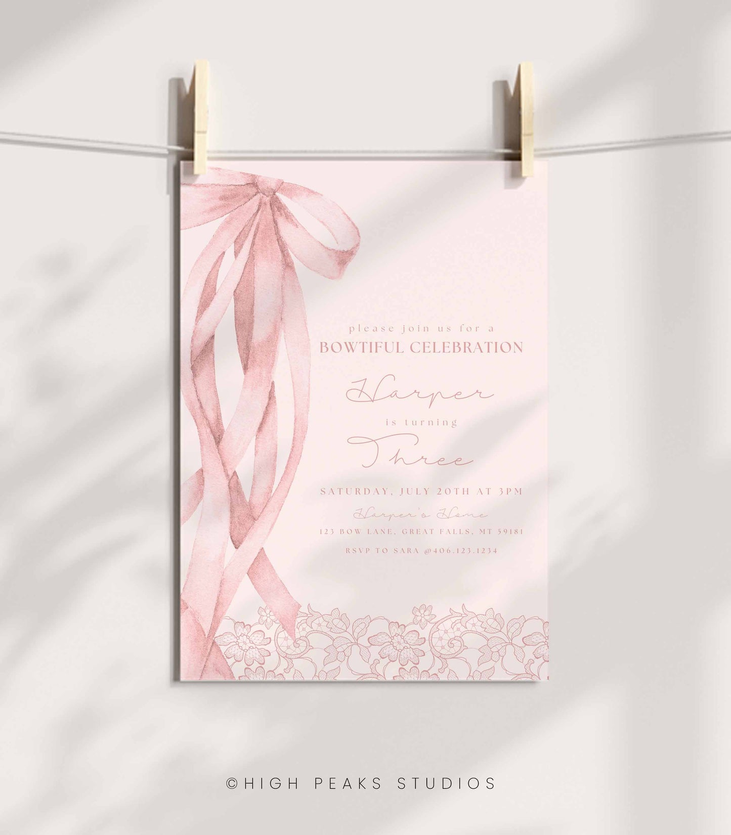 Pink Bow Birthday Invitation Template - High Peaks Studios