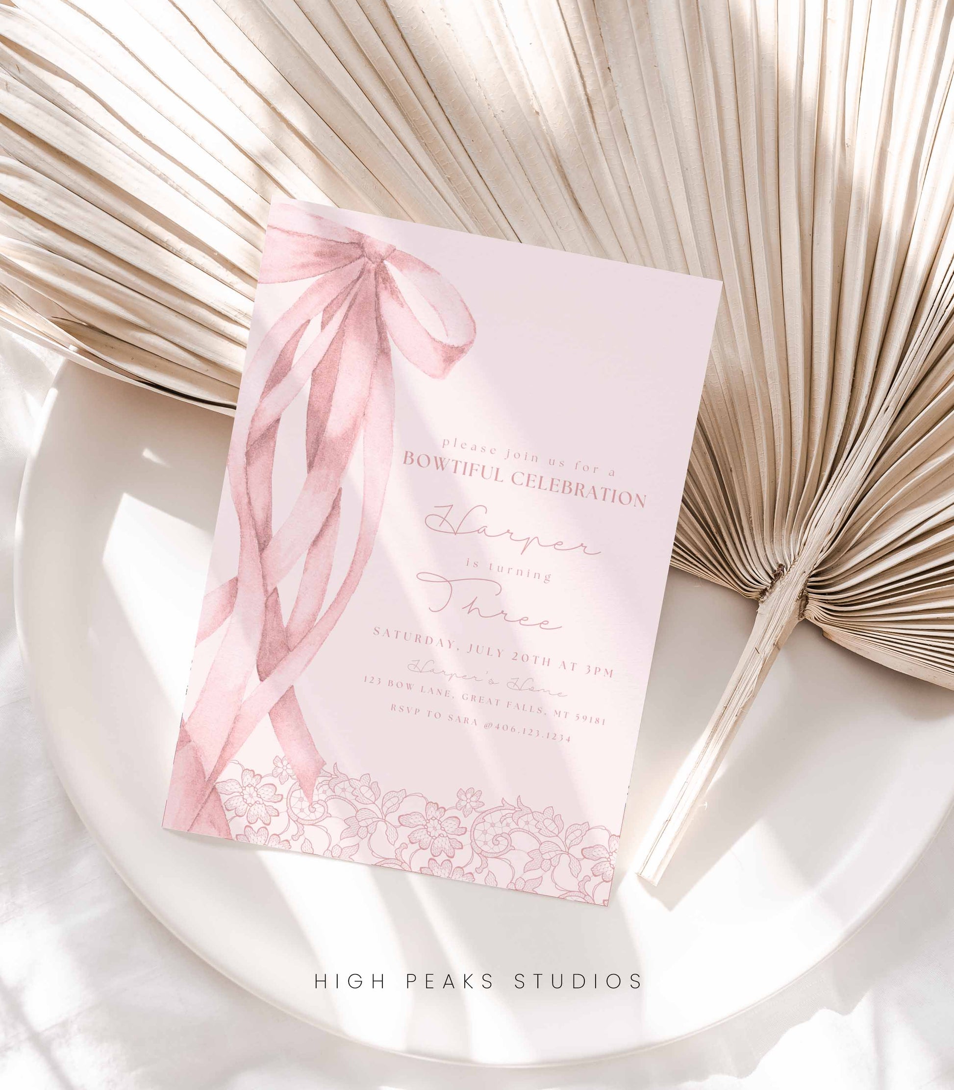 Pink Bow Birthday Invitation Template - High Peaks Studios