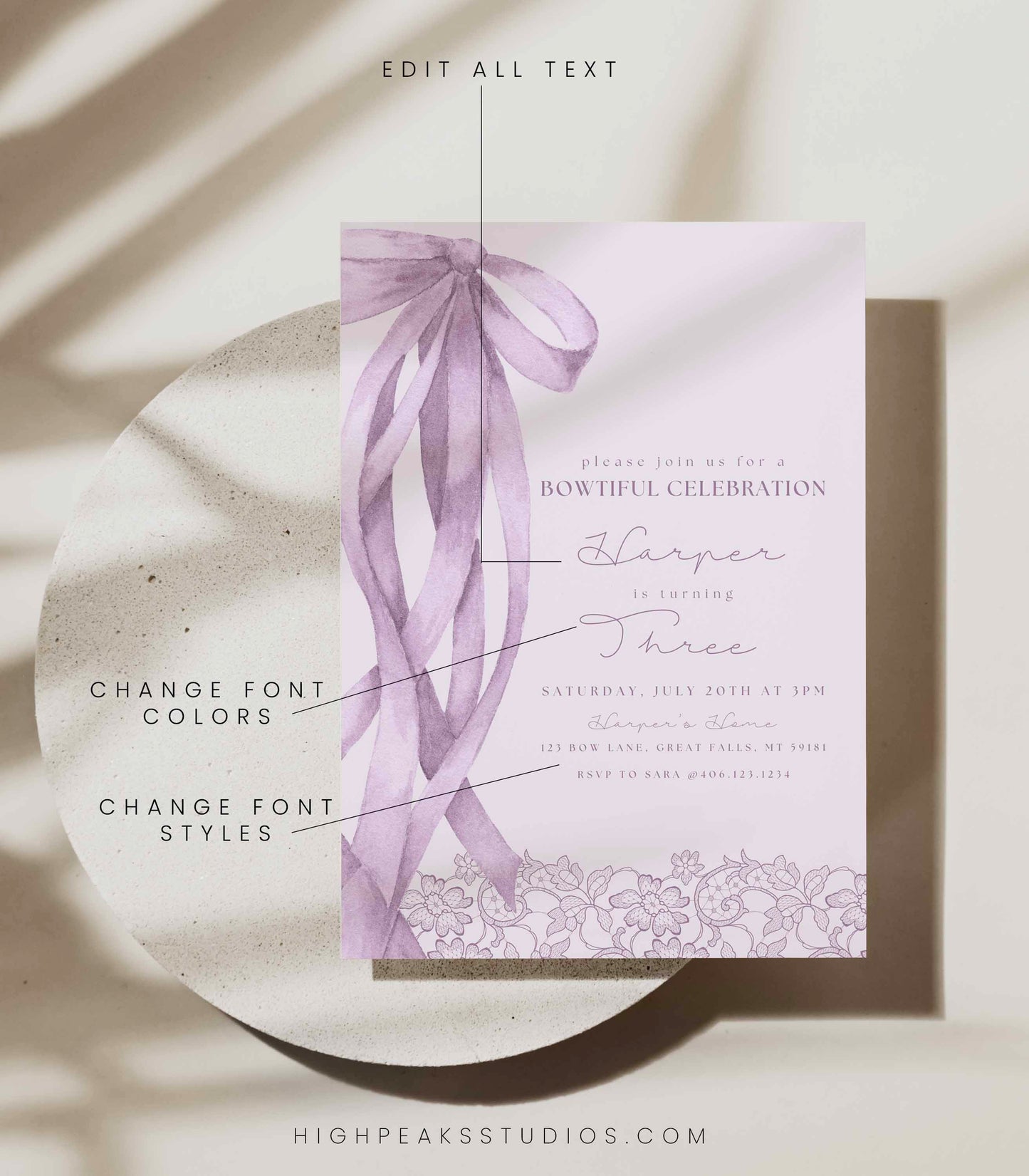 Purple Bow Birthday Invitation Template