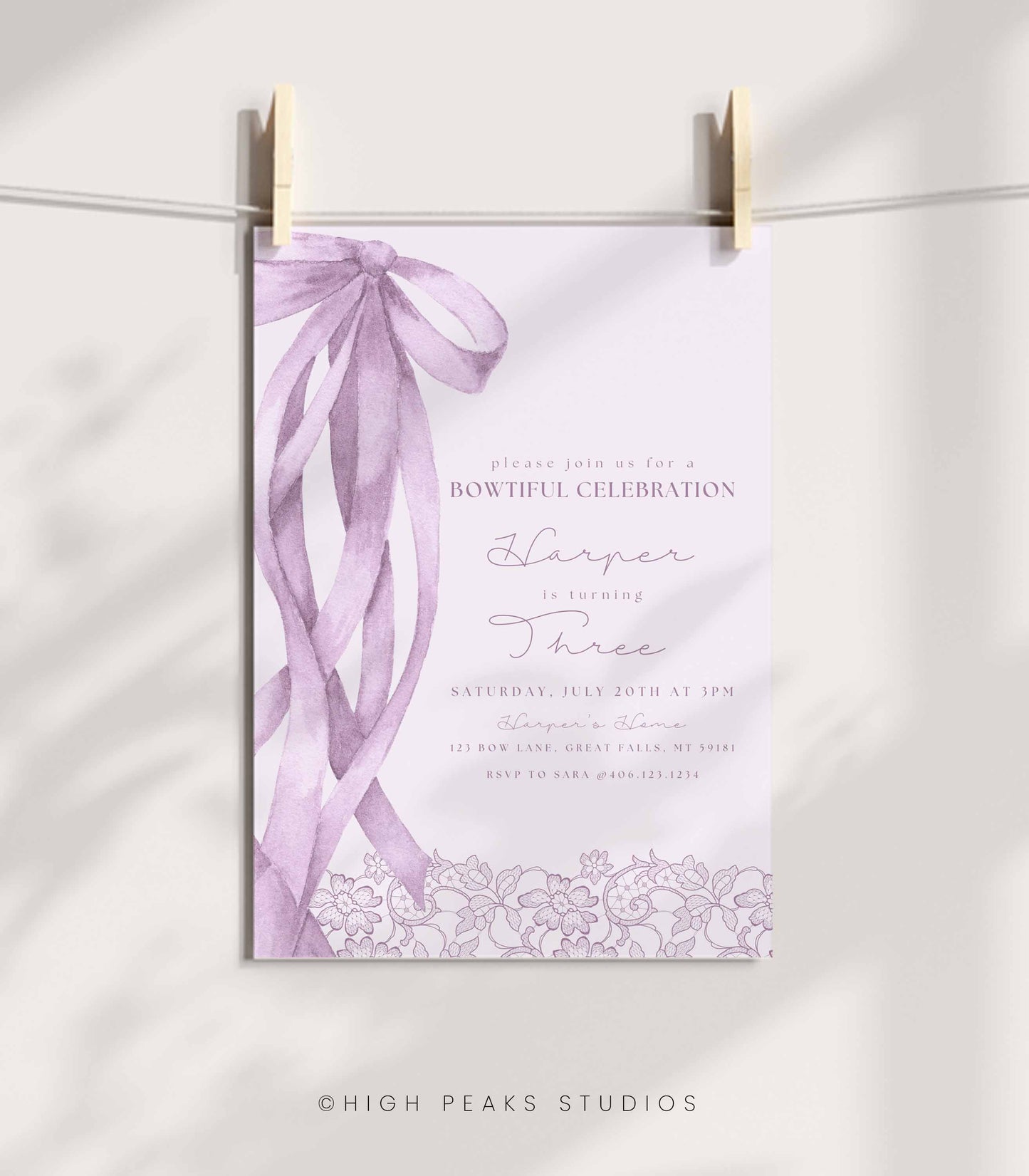 Purple Bow Birthday Invitation Template