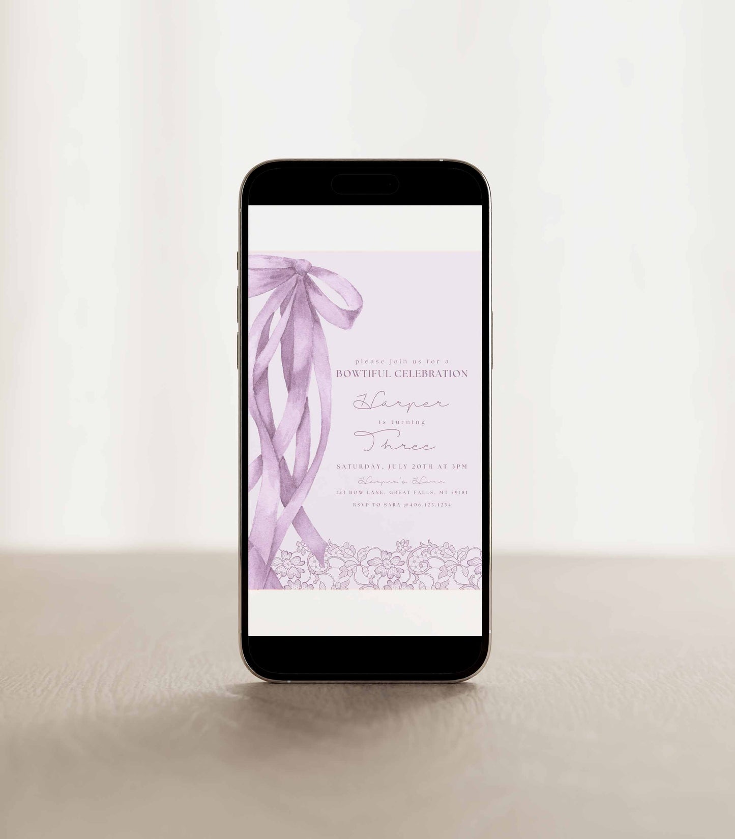 Purple Bow Birthday Invitation Template