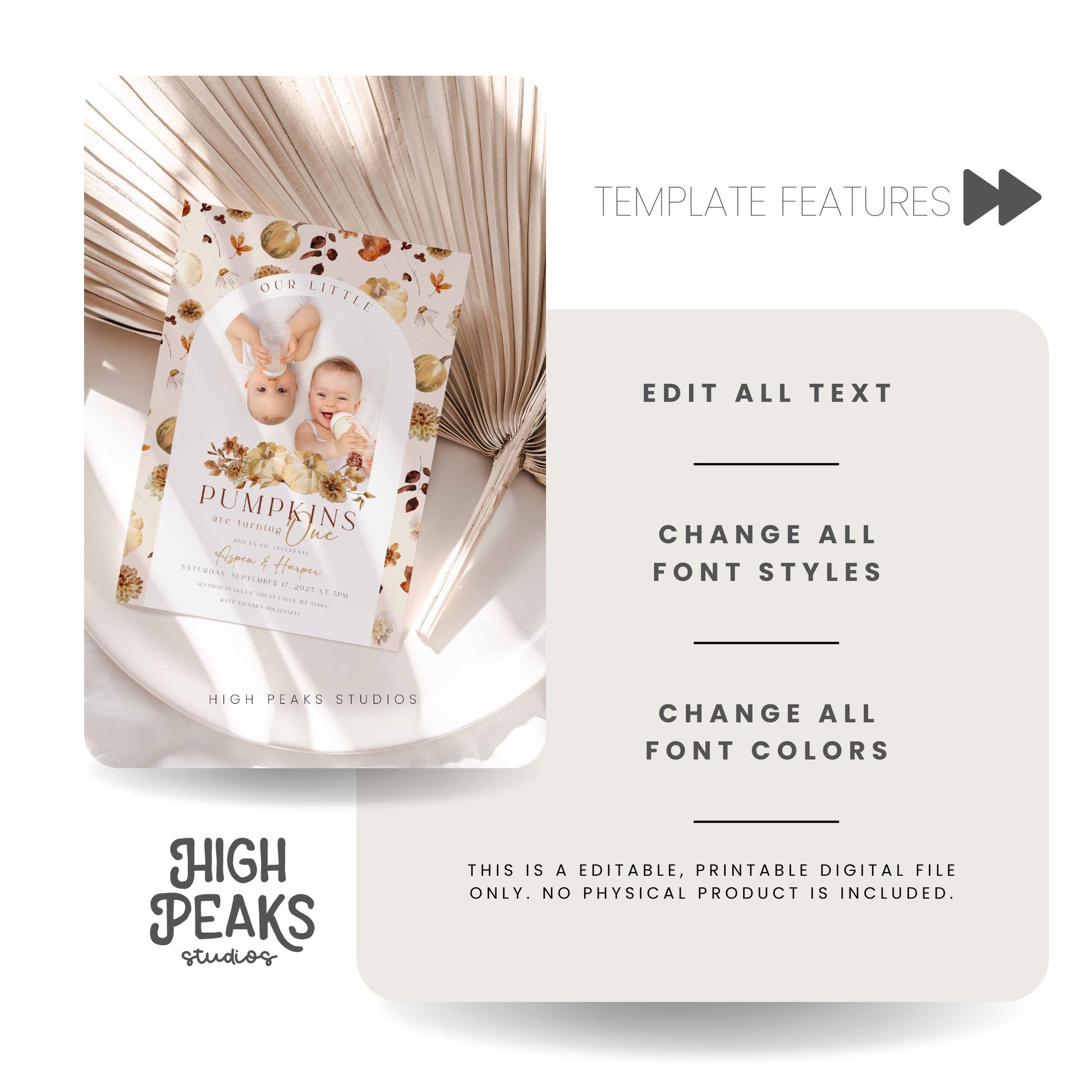Digital product packaging with text editing features and High Peaks Studios branding.