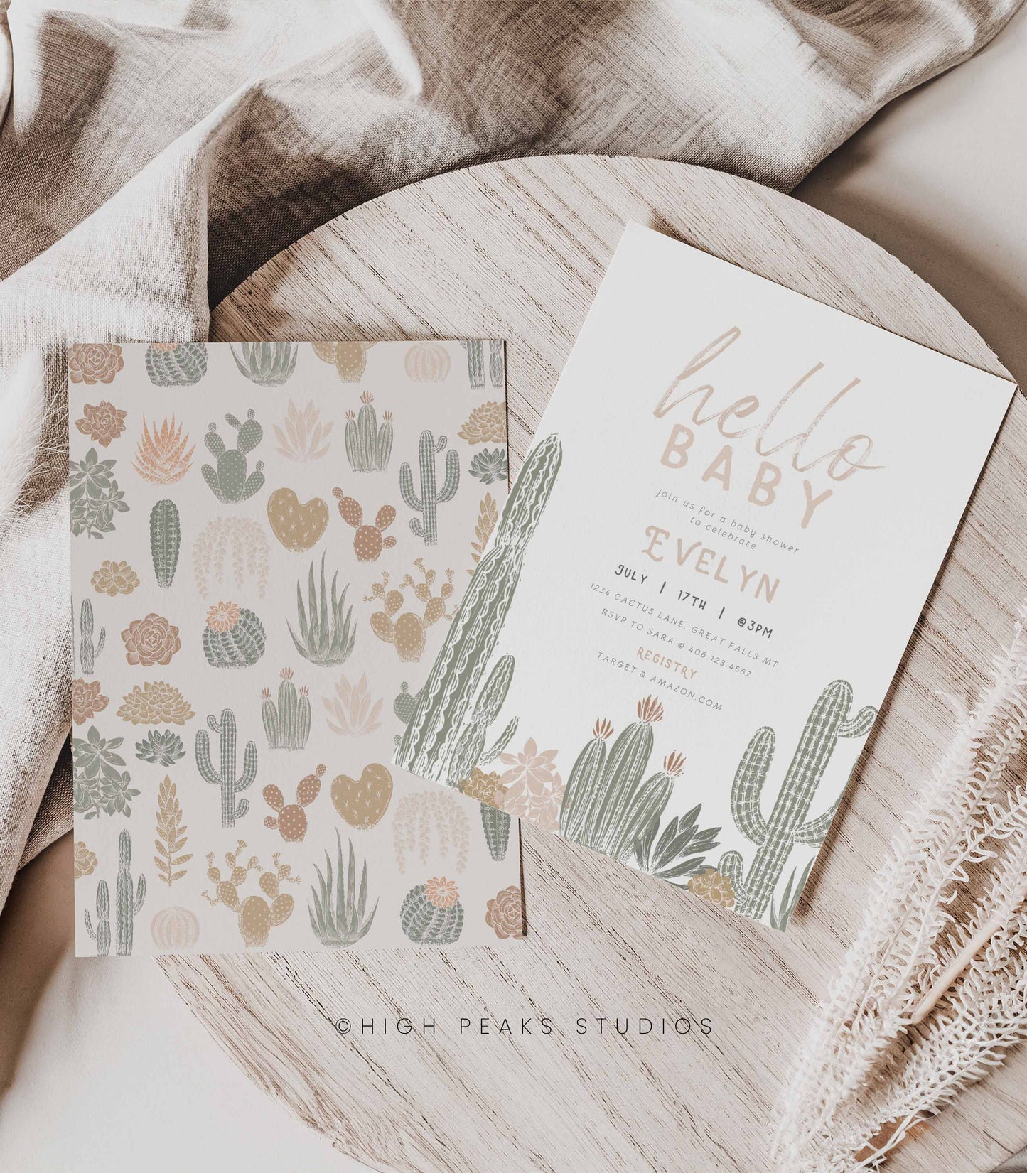 Boho Cactus Baby Shower Invitation Set - High Peaks Studios