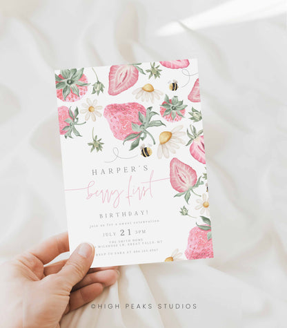 Strawberry Berry First Birthday Invitation Printable Canva template, HighPeaksStudios.com