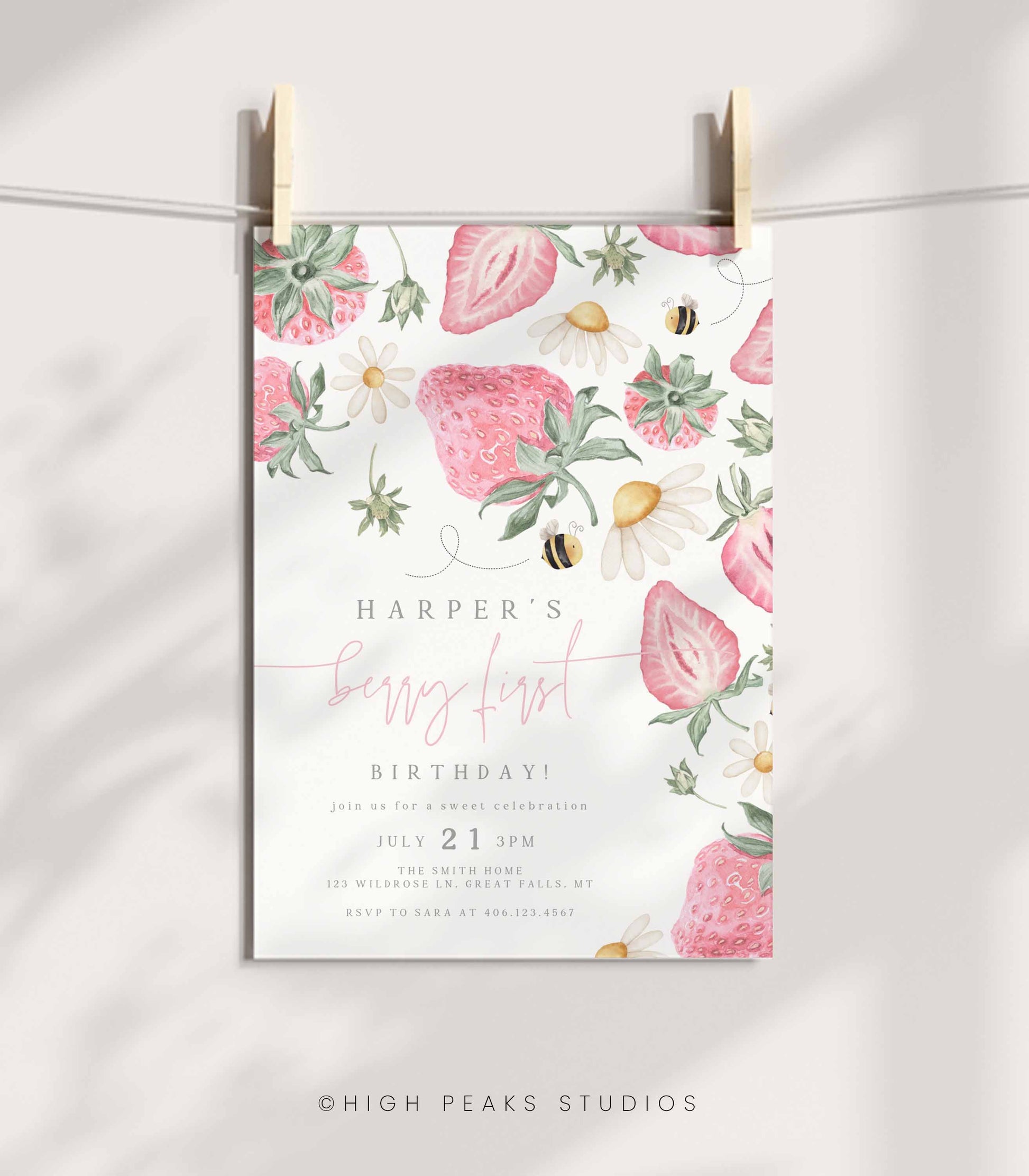 Strawberry Berry First Birthday Invitation Printable Canva template, HighPeaksStudios.com