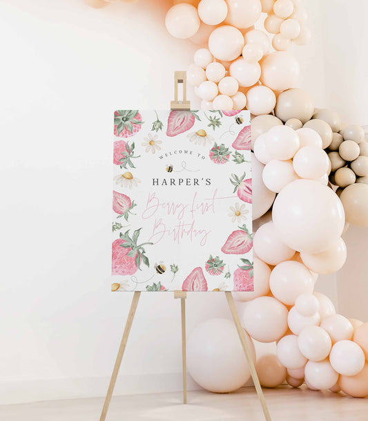 Strawberry Birthday Welcome Poster printable template - HighPeaksStudios.com