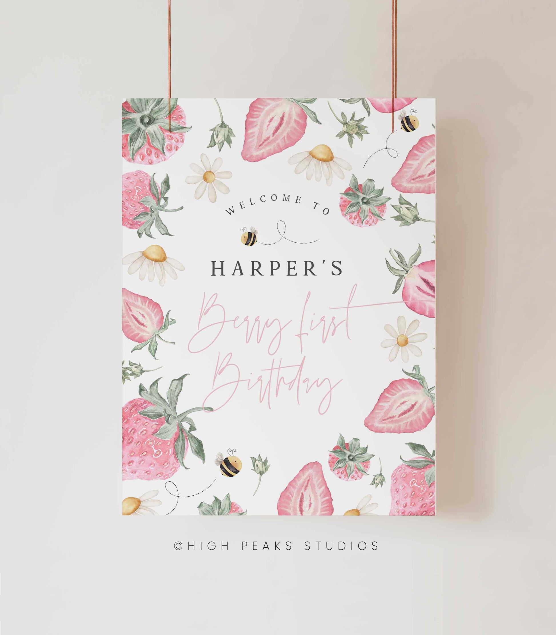 Strawberry Birthday Welcome Poster printable template - HighPeaksStudios.com